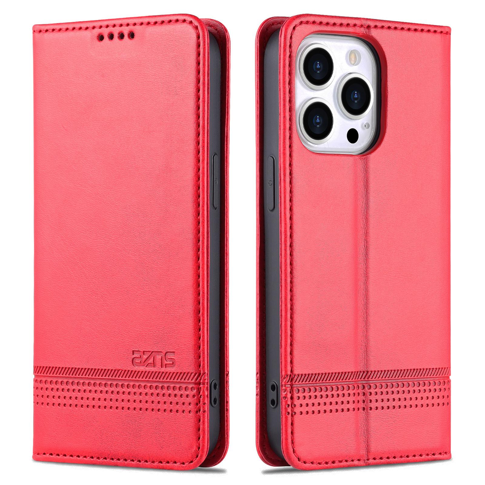 

For iPhone 16 Pro Max Case Folio Wallet PU Leather Phone Cover Cowhide Texture Red