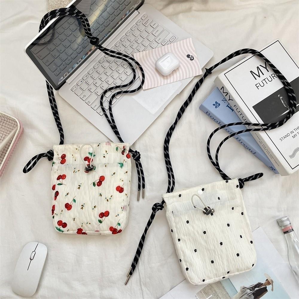 Borsa a tracolla in tela con coulisse stile minimalista Piccola portamonete leggera Borsa per cellulare con stampa floreale Donna Ragazza