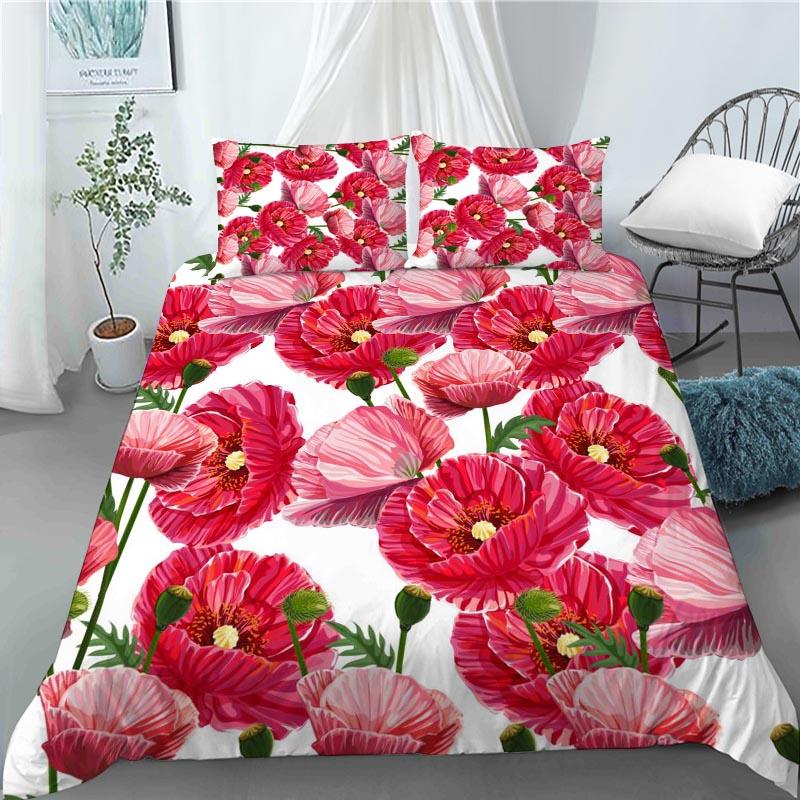 3D Red Poppy Duvet Cover King Queen Size Beautiful Flower Polyester Quilt Cover with Pillowcases Kids Adults Home Bedroom Decor