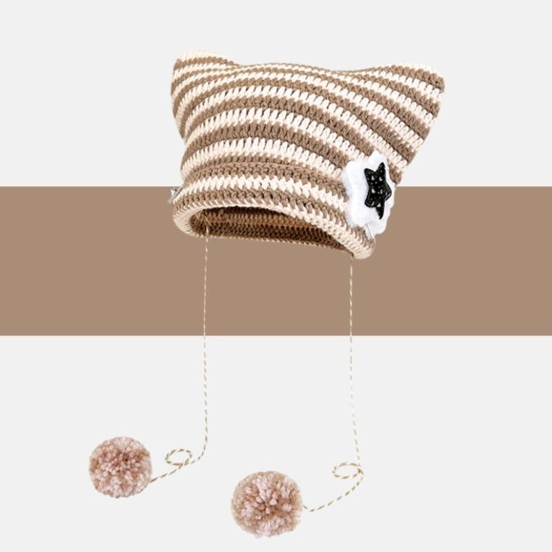 Y2K Beanie Hat Ins Devil Ear Striped Knitted Cap Autumn Winter Hip-hop Cute Cat Ears Pointed Pullover Women's Hats