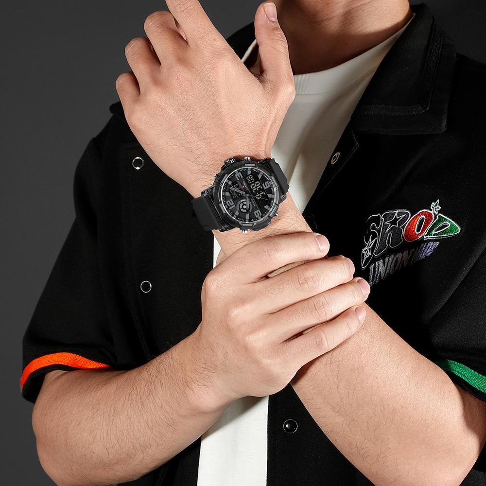 NAVIFORCE Original Men Dual Time Watch Quartz Movement LCD Digital Silicone Strap Waterproof Calendar Date Night Pattern Men Watch NF7130
