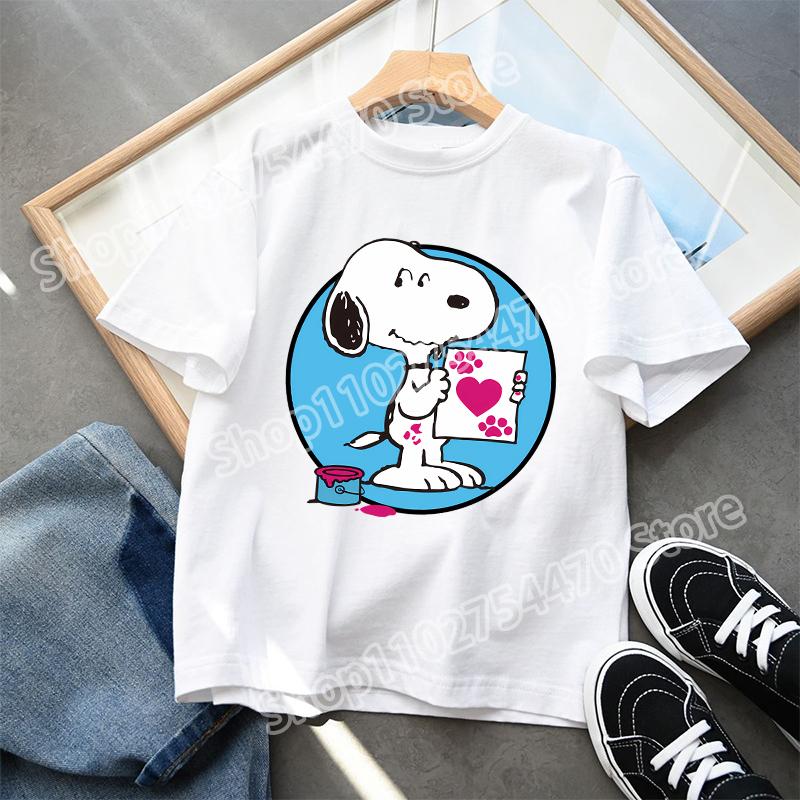 Snoopys Child Short Sleeve Tshirt Boys Girls Summer Casual Round Neck Tops Anime Character Print Pullover Kids Birthday Gifts