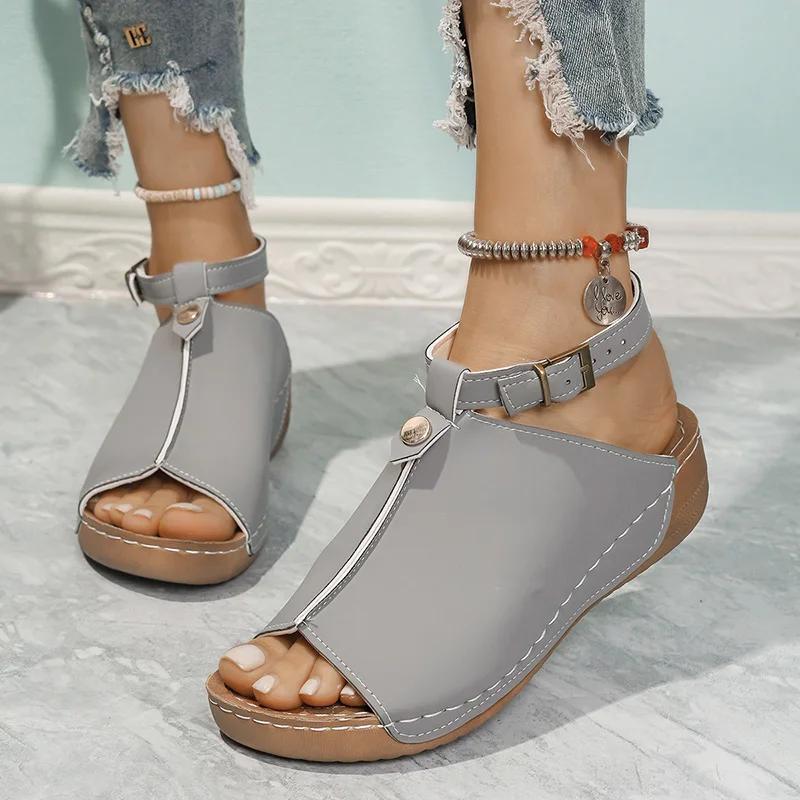 

Fashion Peep Toe Med Heels Sandals Women Summer 2025 Fashion Ankle Strap Platform Sandalas Woman Lightweight Wedge Beach Shoes Sandalias 43 серый