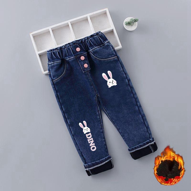 

Осенние и зимние флисовые джинсы для девочек, верхняя одежда, джинсы с завышенной талией в корейском стиле с длинными ушами, модные брюки для девочек в корейском стиле 130