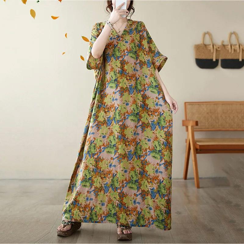 Oversized Dresses Summer Women Printing Loose Cotton Linen Long Dresses Large Hem Summer Women Long Dresses