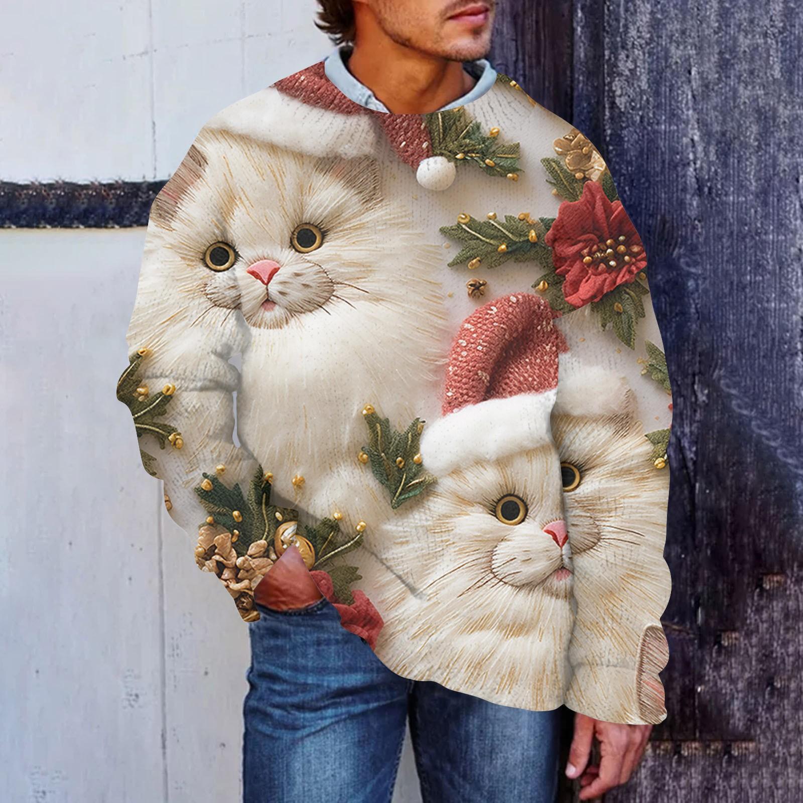 

Мужской рождественский принт, искусственный свитер, толстовка с круглым вырезом, свободный топ с длинными рукавами M хаки