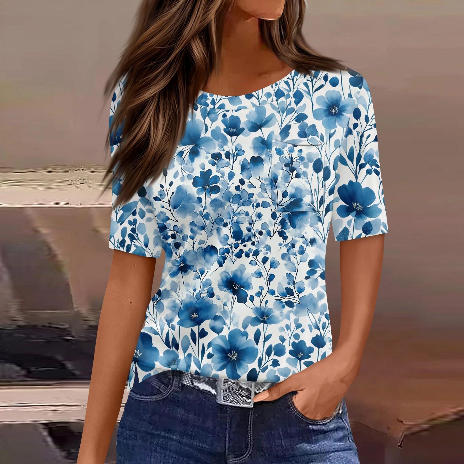 

Футболки для женщин с круглым вырезом, нарядные повседневные блузки с принтом, короткие рукава, летние топы свободного кроя XL синий