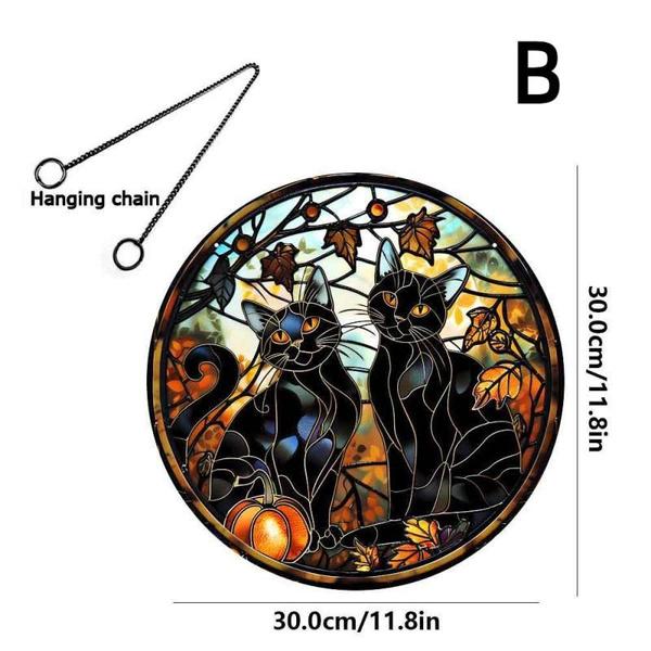 Halloween Luminous Acrylic Circular Design Pumpkin Black Cat Hanging Wall Porch Home Decoration Window Pendant
