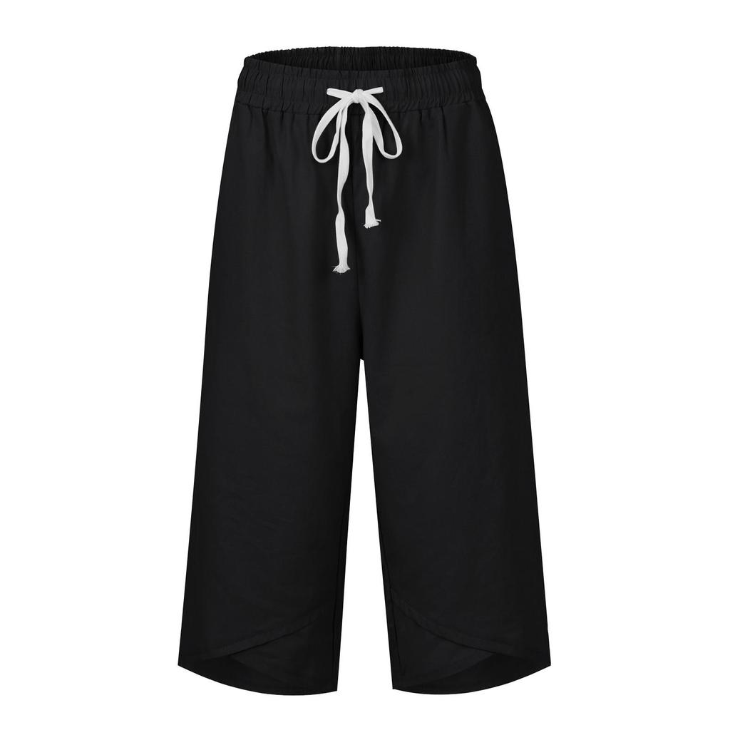 Pantaloni de vară pentru femei cu picioare largi Pantaloni neregulați uni picioare ocazional in snur Capris de damă cu buzunare