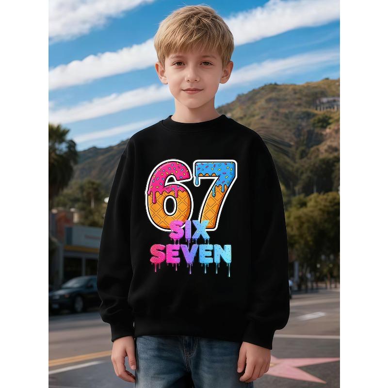Unisex Kids Crewneck Sweatshirt, Ice Cream Waffle Cone 67 Print Long Sleeve Pullover, Boys Girls Birthday Sweatshirt For Kids Over 4 Years Old