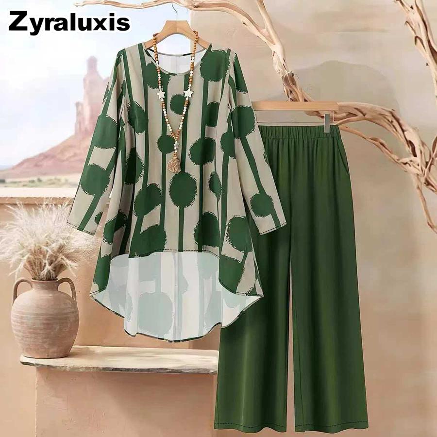 Windy Weather Fashion Loose Pointed Floral Collar Shirt Wide Leg Pants Set Polka Dot Printed