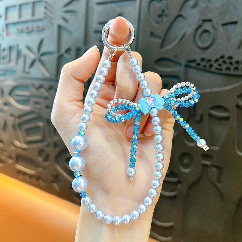 Flash Beaded Mobile Phone Chain Crystal Bow Key Bag Lanyard Pearl Mobile Phone Lanyard Small Gift