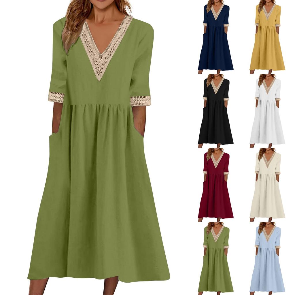 Women's Fashionable Casual Solid Color Short Sleeved Lace V-Neck Waist Cinched Dress