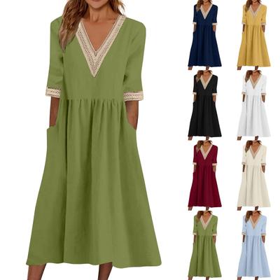 Dámské módní ležérní jednobarevné šaty s krátkým rukávem, krajkou, výstřihem do V a pasem staženým v pase
