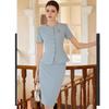 Women's Short Sleeve Blue Professional Skirt Suit - Summer Fashion Round Neck Reception Uniform