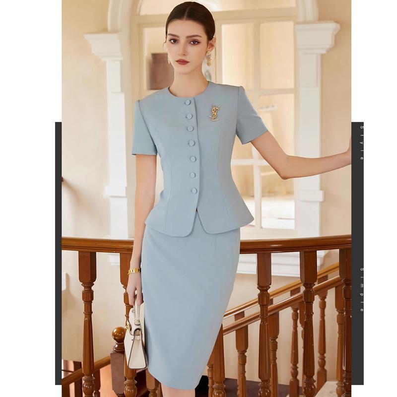 Women's Short Sleeve Blue Professional Skirt Suit - Summer Fashion Round Neck Reception Uniform