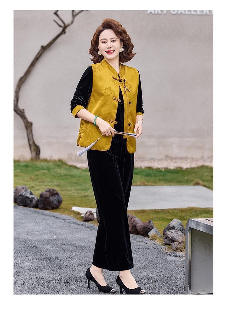 Chinese Style Gold Velvet Plus Size Set for Middle-Aged & Elderly Women - Spring & Autumn Vest for Mother-in-Law Wedding Banquet