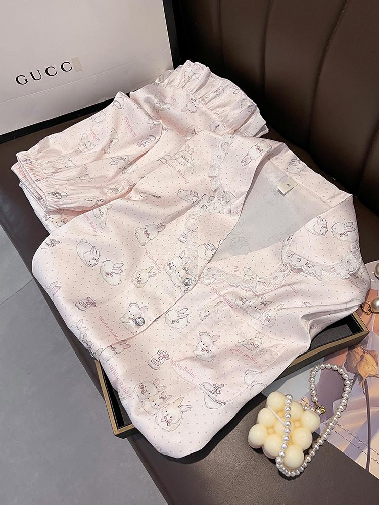 

Women s Summer Silk Pajamas, Short Sleeve with Cute Cartoon Cat Design, Wearable Outdoors M розовый