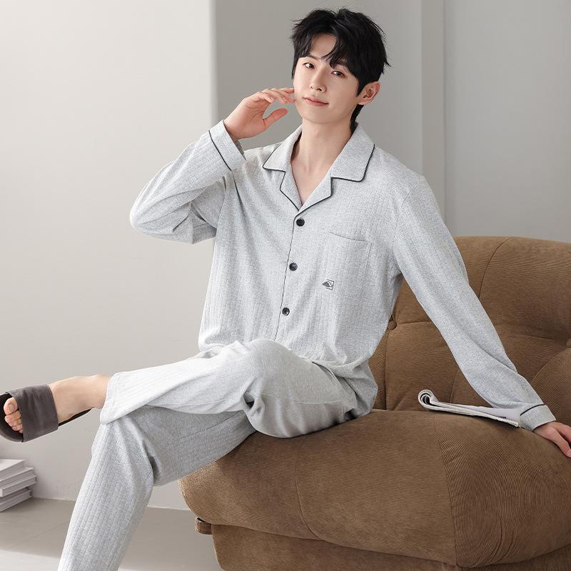 Men'S Pajamas Men'S Spring And Autumn Cotton Long-Sleeved Autumn And Winter Autumn Cotton Loungewear Set
