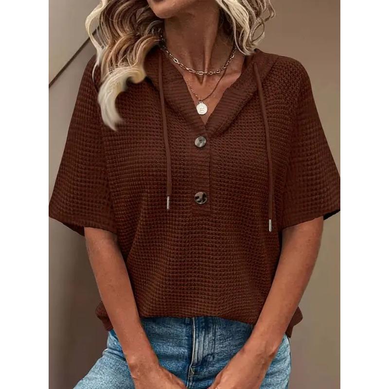 

Ladies , Casual, Short Sleeved, Hooded T-shirt, Front Button Design, Loose Fit Solid Color, Ladies T-shirt XXL