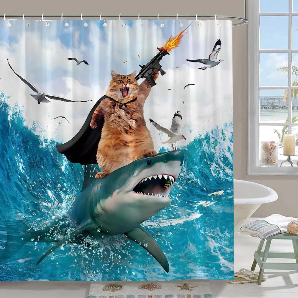 Cute Funny Dog Shower Curtain Cat Riding Dinosaur Funny Pet Cartoon Shower Curtain Boys Girls Bathroom Decor Shower Curtains