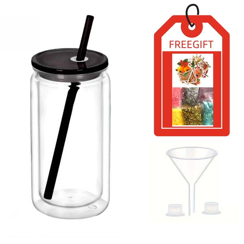 

Double Wall Snowglobe Plastic Cups with Pre-Drilled Hole Straw Water Bottte Clear Tumbler Coffee Juice Drinkware Gifts 401-500ml чёрный