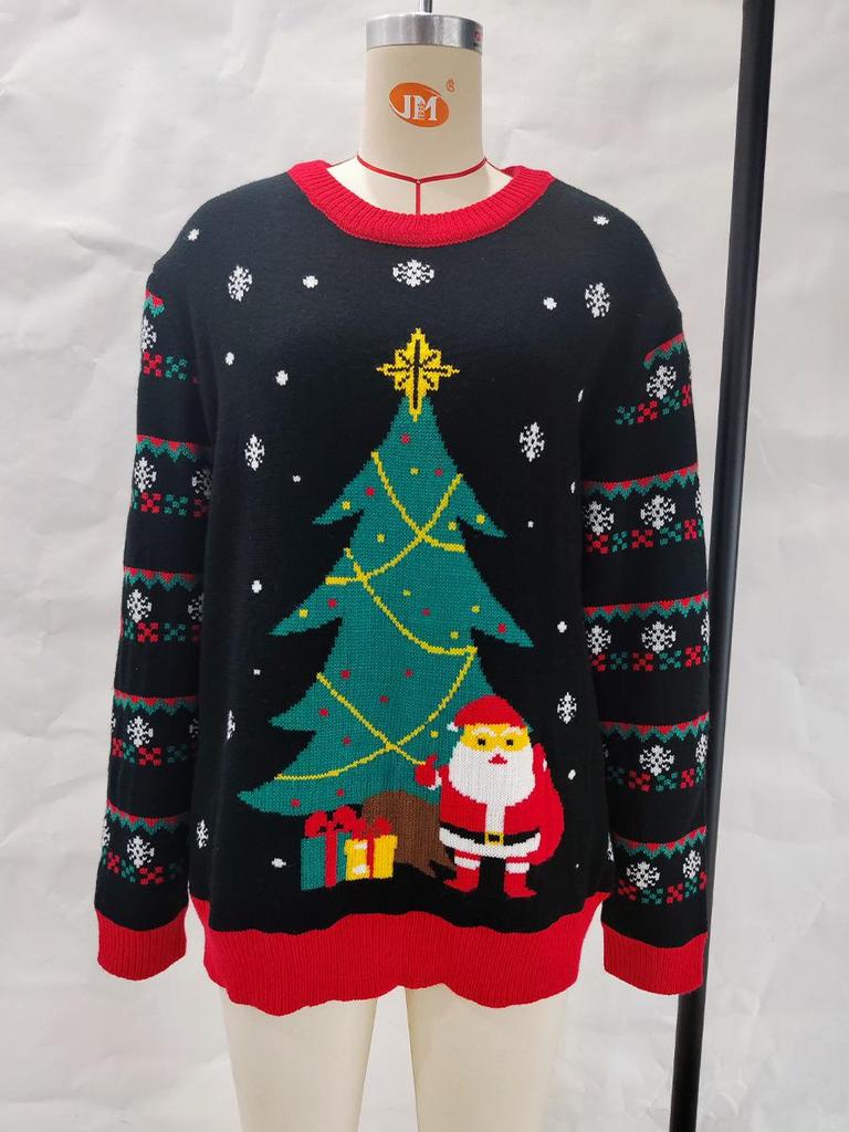 Women's Christmas LED Knit Sweater: European & American Style, Round Neck, Santa Claus & Christmas Tree Jacquard Design