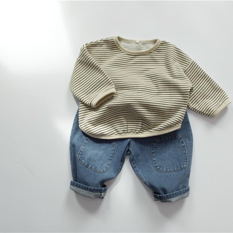 Spring 2026 Kids' Striped Cotton Long-Sleeve T-Shirt, Round Neck, Korean Style Pullover for Girls and Boys