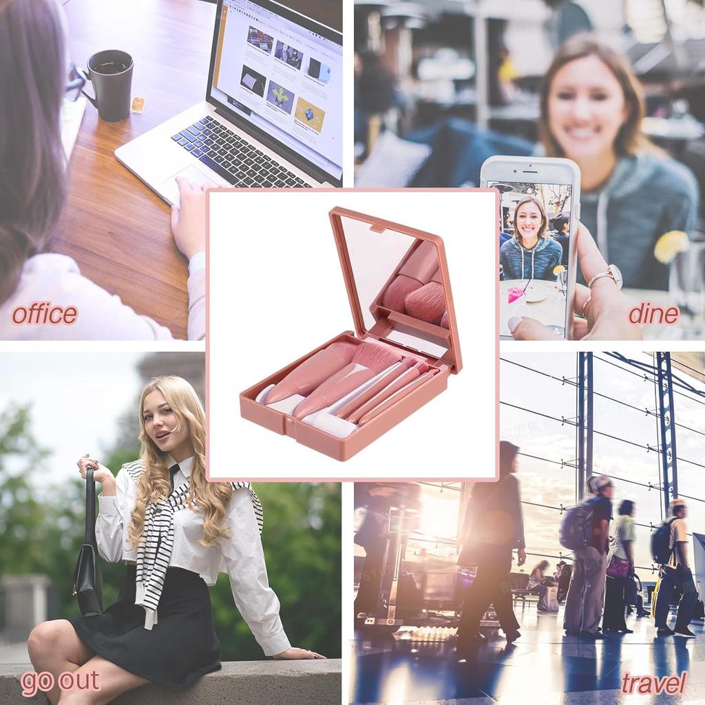 Complete Travel Miniature Makeup Brushes Kit: Professional 5pcs Multipurpose Set with Cosmetic Mirror - Your Portable Beauty Essentials