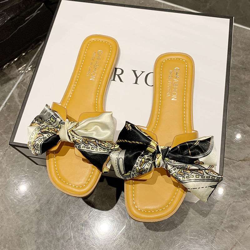 Foot Width Fat Fat Large Size Women's Shoes 35-43 Bow Cool Slippers Women's Versatile Korean Version Soft Flat Bottom Non-slip One-word Drag