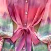 Summer Spring Women Lantern Sleeve Stand Collar Print Mini Short Beach Vacation Lace-up Dresses