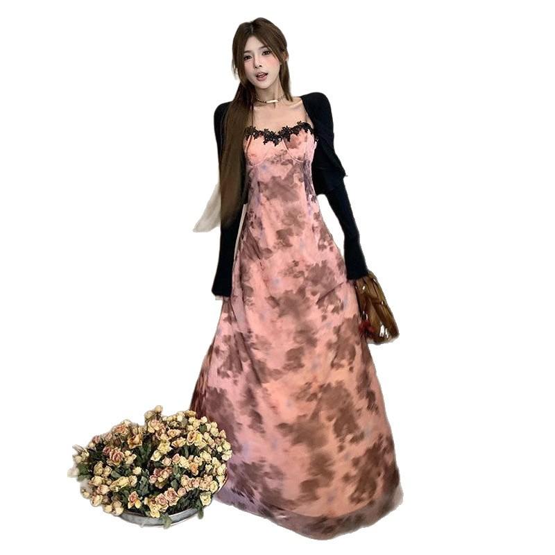 Pure desire lace splicing tie-dye suspender dress set women's summer thin sunscreen cardigan sweet and spicy waist dress