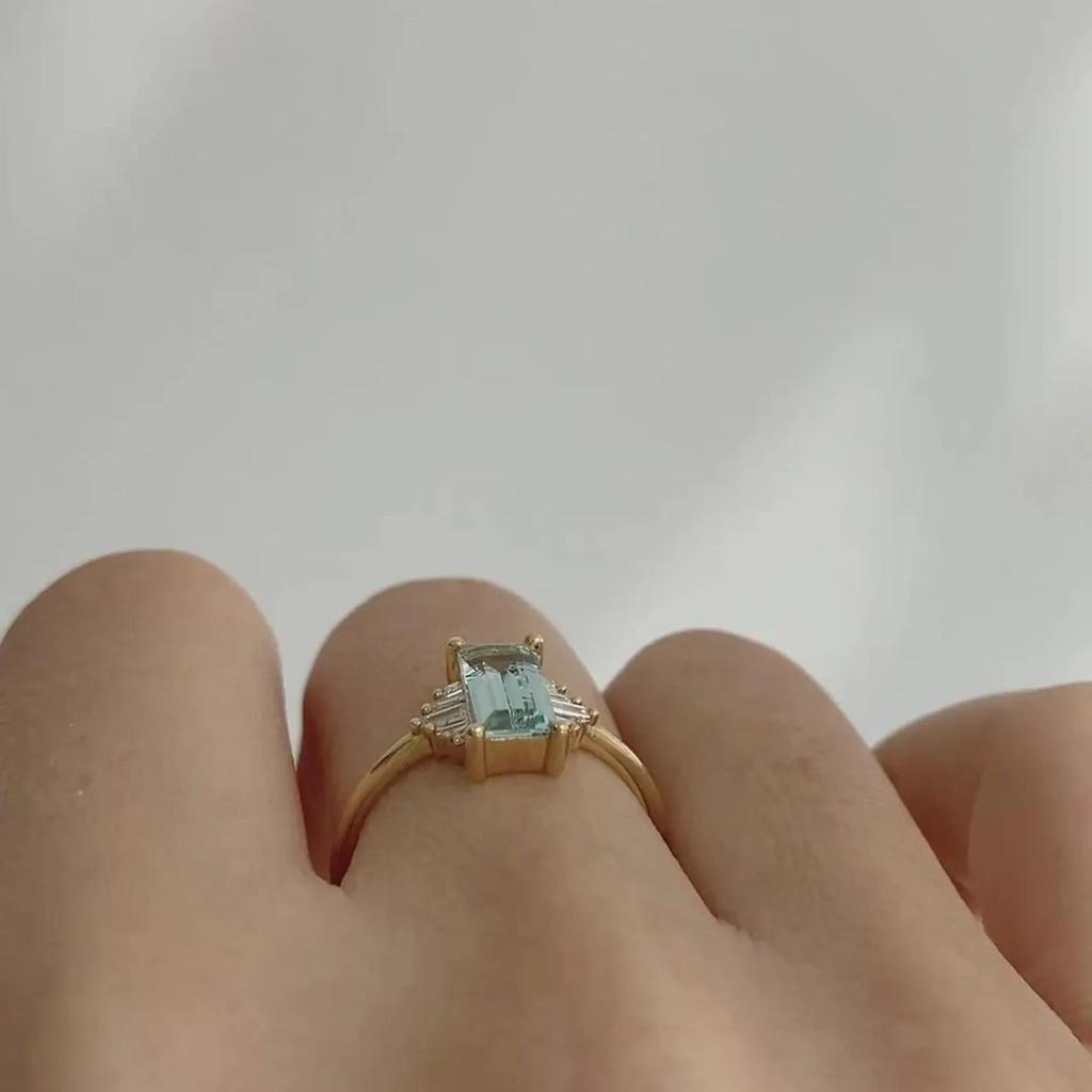 Women’s Emerald Cut Green Gemstone Ring – Gold Plated Band with Baguette Accents, Elegant Statement Jewelry Gift for Her