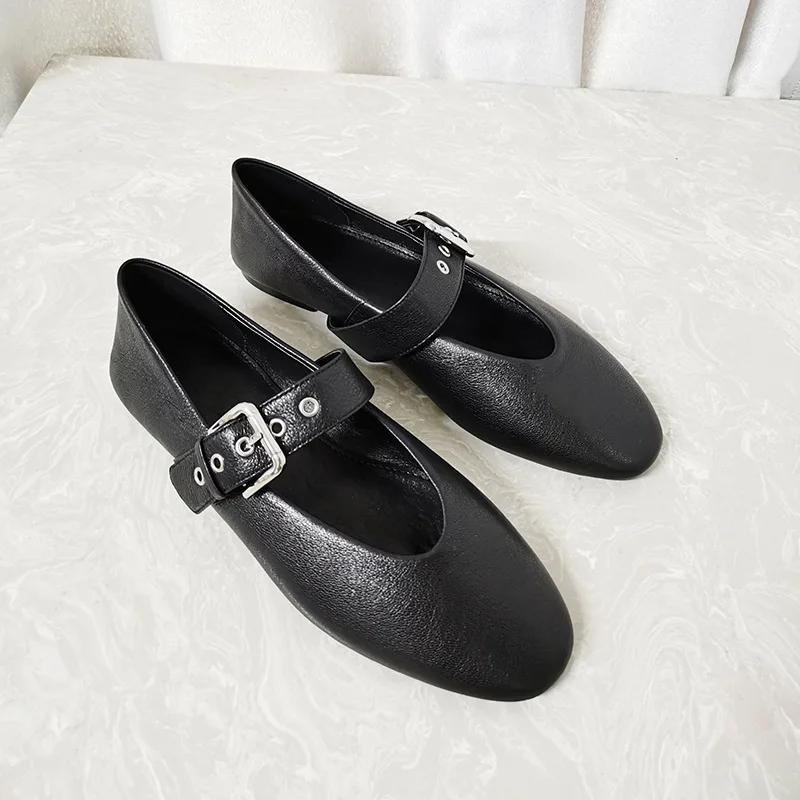 Fashion Women Mary Jane Shoes 2025 Autumn Black Pu Leather Vintage Flats Woman Fashion Belt Buckle Round Toe Ballet Flat Shoes