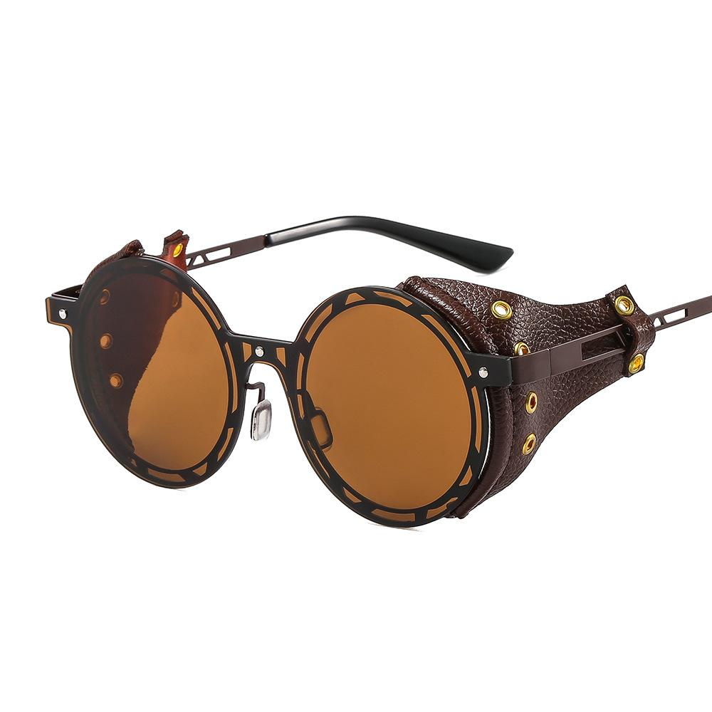 

Oversized Men Punk Sunglasses For Women Metal Shades Round Steampunk Leather Eyeglasses Vintage Designer Uv400 as picture