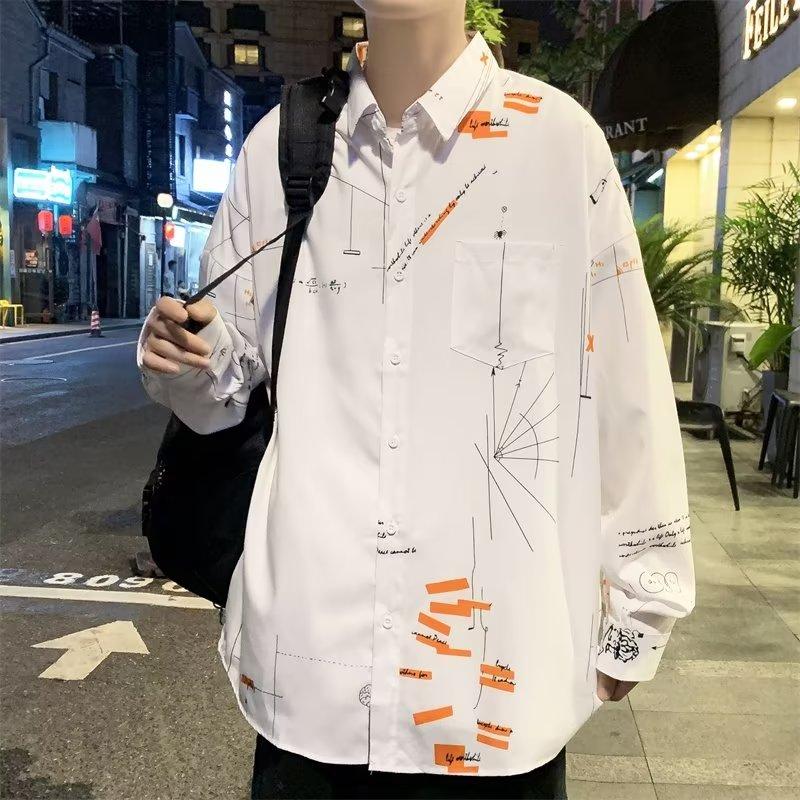 Hong Kong Style Long Sleeve Shirt Men's Trendy Japanese Style Slim-Fit Printed Shirt Spring and Autumn Fresh Korean Style Student Casual Shirt