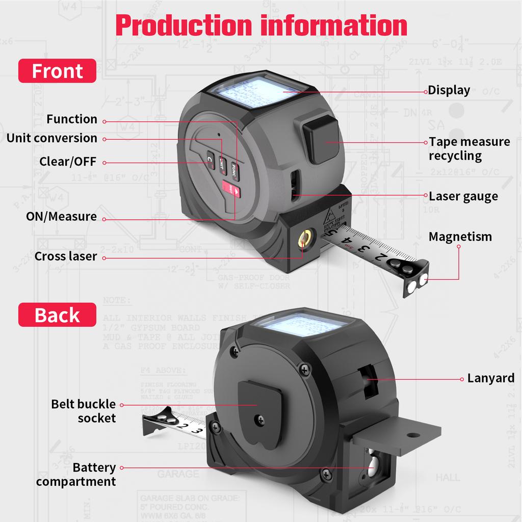 40M/60M Laser Tape Measure 3 in 1 Laser Measure Level-Meter Laser 5M Tape Measure with Pythagorean  M/ft/in Unit Conversion