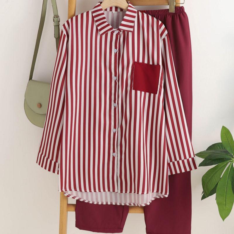 Летний повседневный полосатый комплект из длинной рубашки и топа для женщин из Таиланда L вино красного