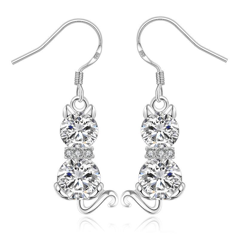 925 Sterling Silver Cat Zircon Drop Earring for Women Wedding Engagement Party Fashion Charm Jewelry