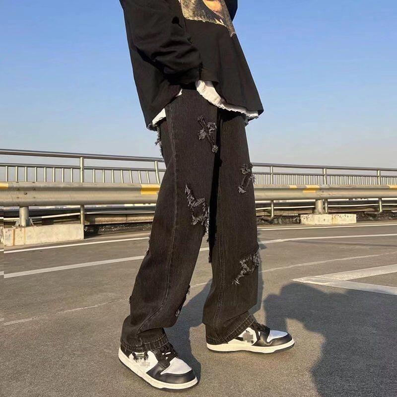 2026 Neuer Trend Hip-Hop Street Y2K Herrenhose High Street Locker Gerade Freizeithose Mode Herren Kreuz-Patch Jeans Herren S-3XL