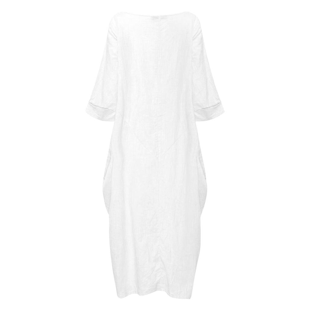 Women's Fashionable Color Round Neck 3/4 Sleeved Cotton Linen Casual Vacation Loose Long Dress