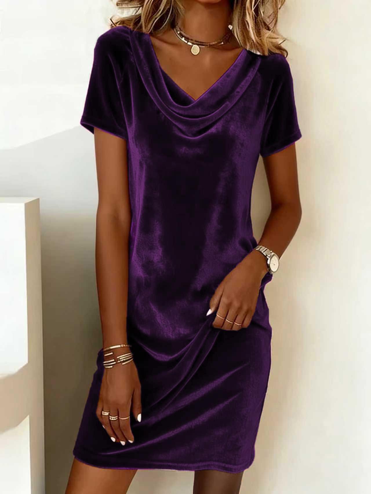 2025 Autumn Winter Women s Solid Color Halter Neck Short Sleeve Sexy Velvet Dress XXL фиолетовый