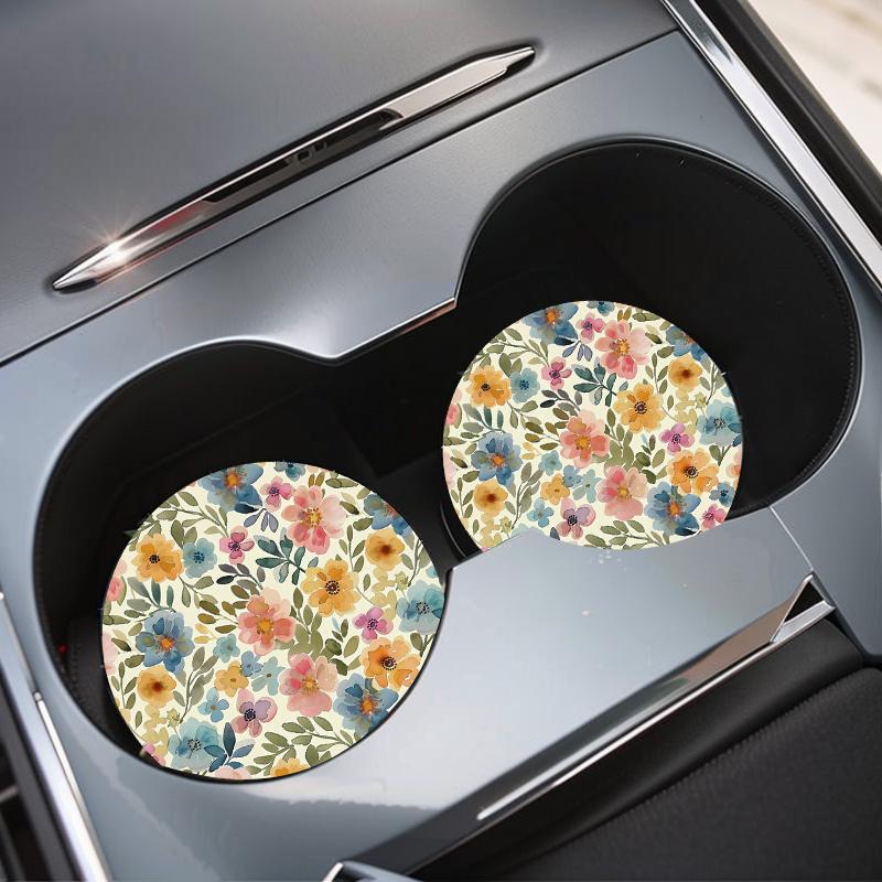 2pcs Watercolor Floral Car Cup Holder Coasters- Fit, Non-Slip Rubber Drink Mats for Vehicle Interiors, Car Coasters for Cup Holders