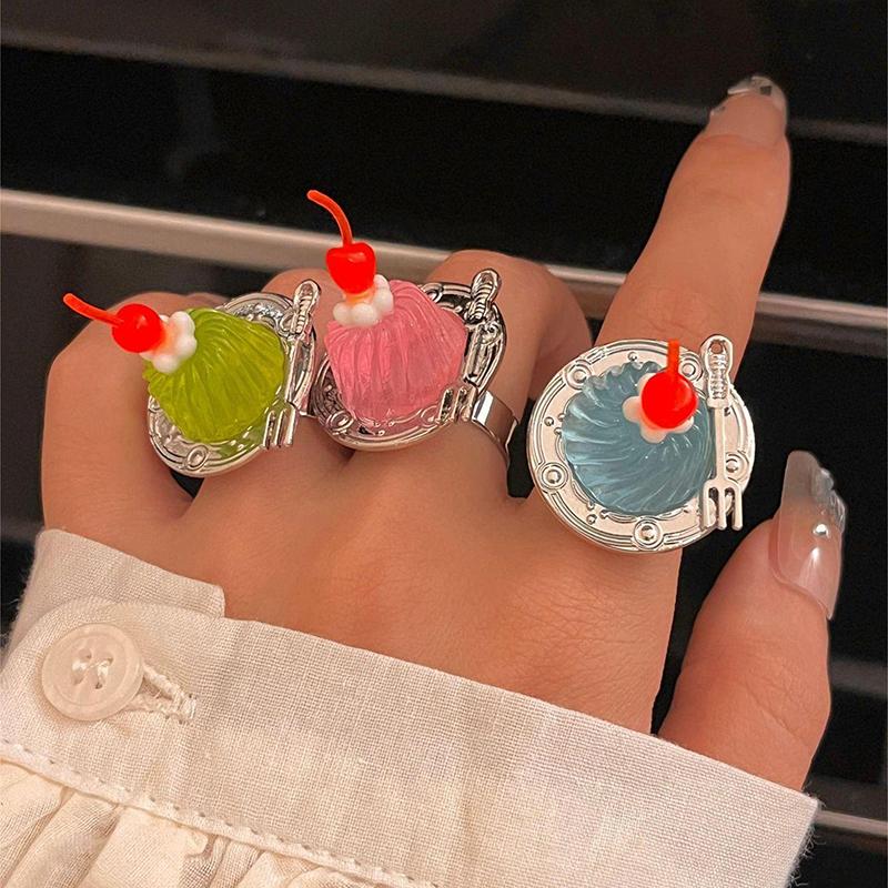 Creative Strawberry Mousse Cake Rings Jelly Pudding Ice Cream Cherry Fruit Ring Exaggerated Vintage Chunky Girls Finger Rings