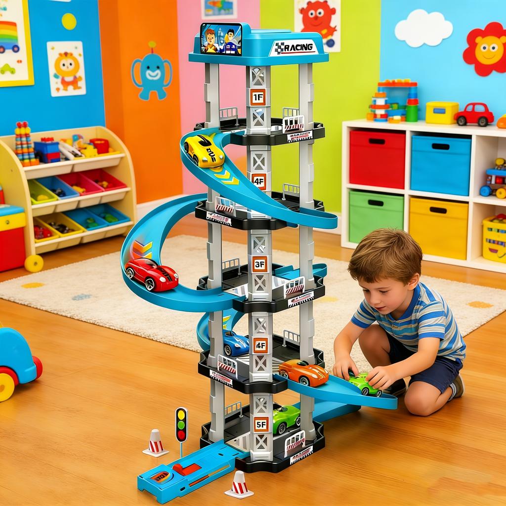 5-Level 3D Parking Garage Track Playset with 2 Cars, 360° Rotating, Drift Tracks, Helipad & Launcher | DIY Assembly Educational Toy