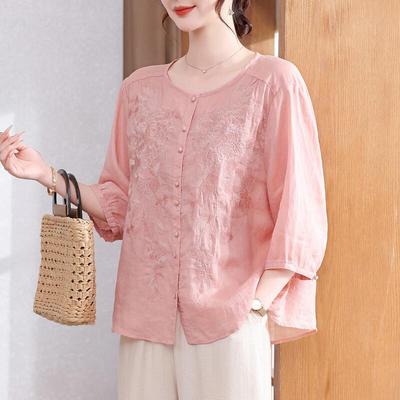 Xuexi Women's Embroidered Ramie Short Sleeve Shirt