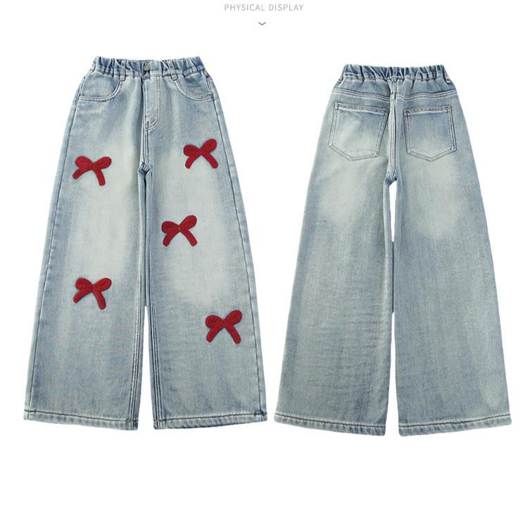 Bestickte Mädchenjeans Frühling und Herbst Kinderhosen Mädchen Straight Leg Hosen Mädchen Wide Leg Hosen
