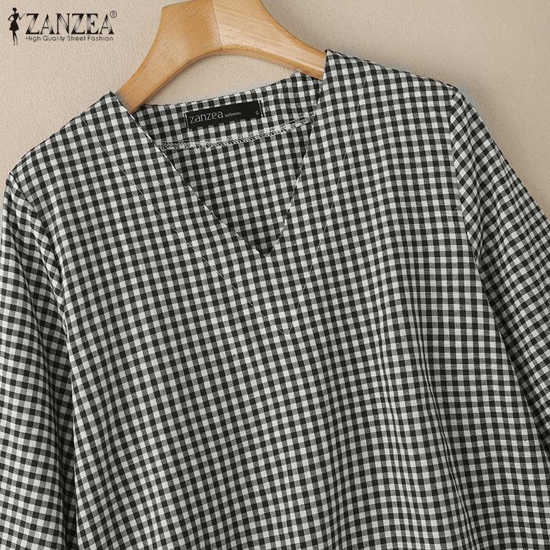 ZANZEA Bluză casual de damă cu gât în V, mâneci 3/4, croială lejeră și imprimeu carouri.