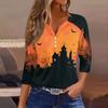 Women's Casual V-Neck Button Pullover T-Shirt with Halloween Print and Three-Quarter Sleeves