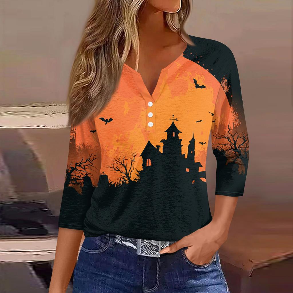 Women's Casual V-Neck Button Pullover T-Shirt with Halloween Print and Three-Quarter Sleeves